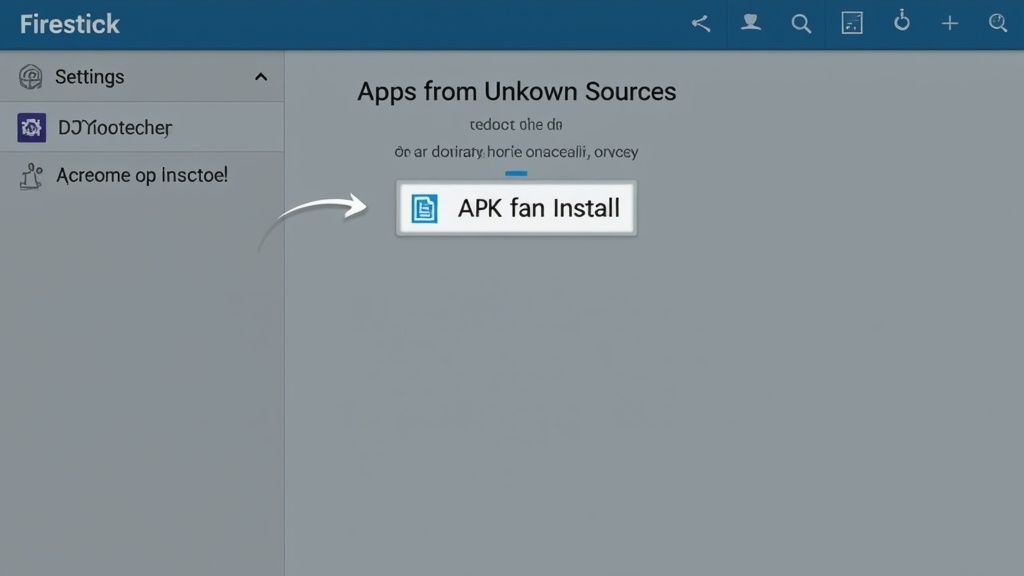 شاشة إعدادات Firestick تُظهر التطبيقات من مصادر غير معروفة مع تمييز زر تثبيت APK