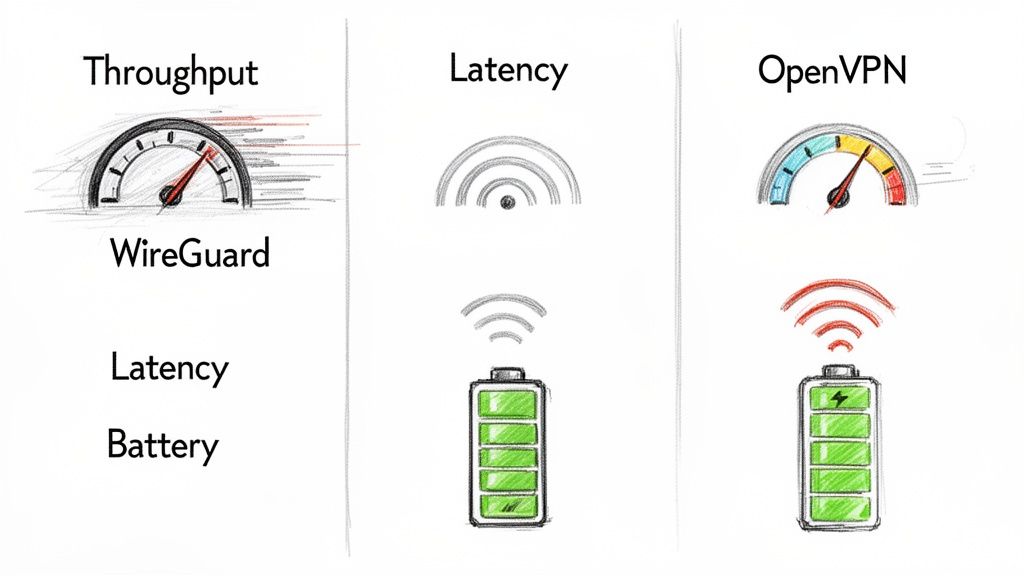 An illustration comparing WireGuard and OpenVPN VPN performance: WireGuard shows higher throughput, lower latency, and better battery efficiency.