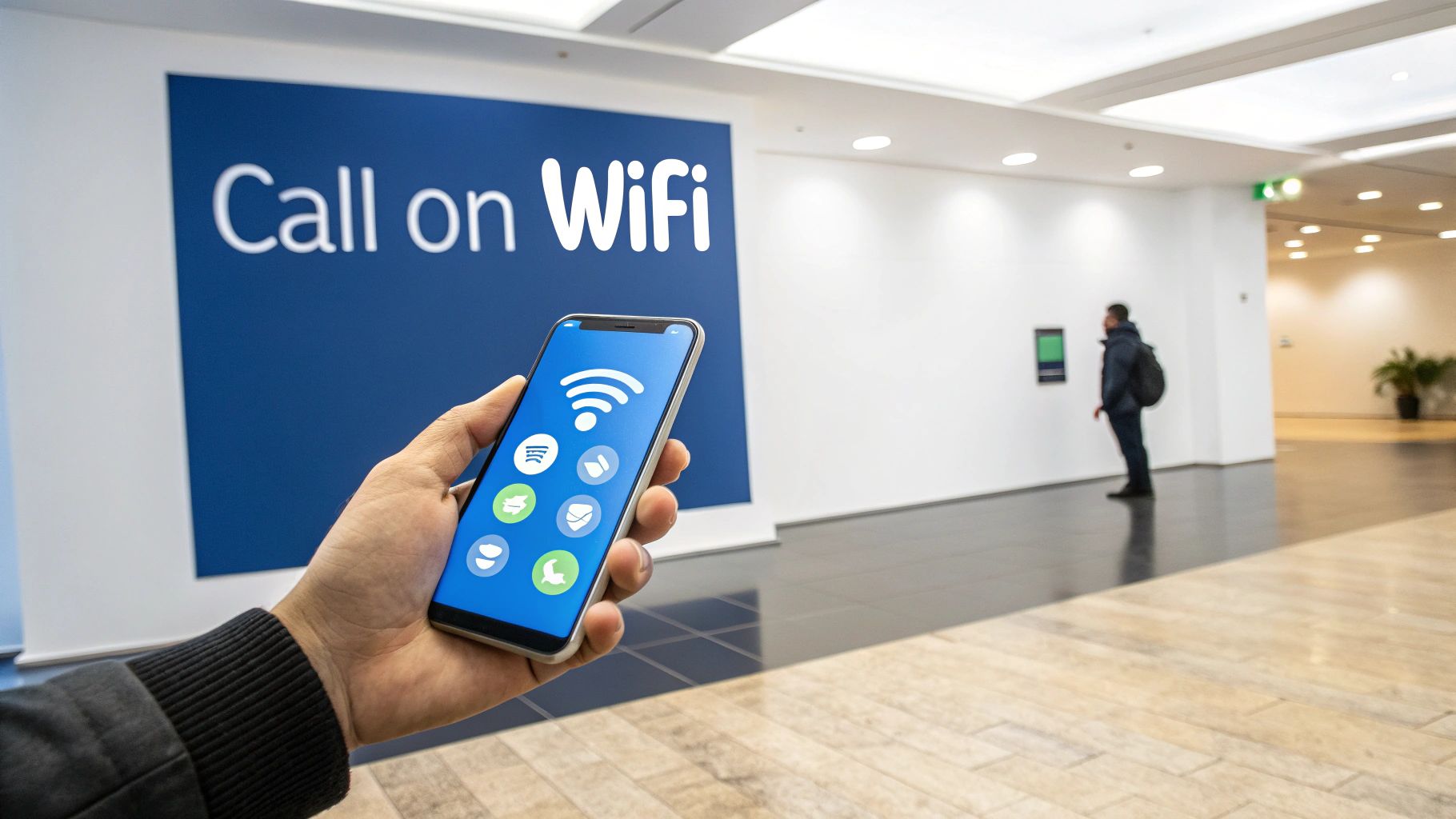 شخص يستخدم لابتوب وهاتف ذكي لإجراء مكالمة دولية اقتصادية، مع أيقونات لخدمات VoIP وتطبيقات المراسلة