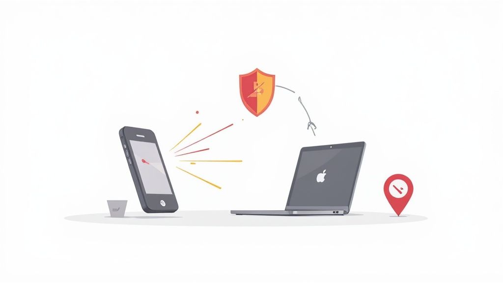 A person securing their mobile device with a lock icon overlay.