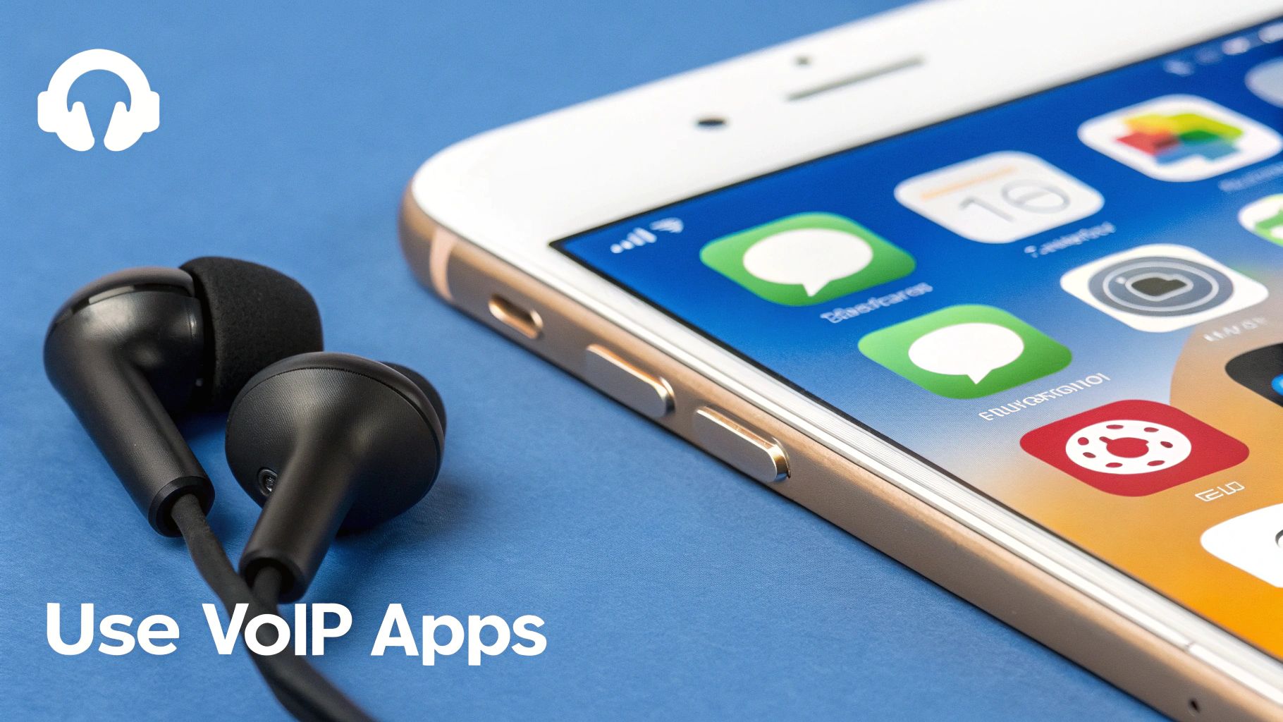 A white iPhone with app icons and black wired earphones on a blue background, displaying 'Use VoIP Apps'.