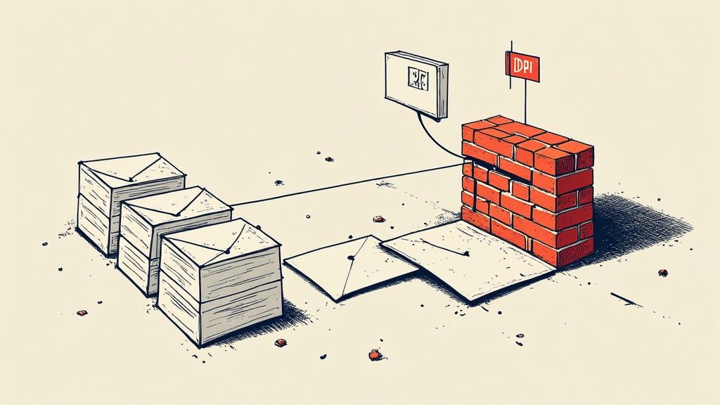 أكوام من الظرف تمثل البيانات تتدفق نحو جدار من الطوب مكتوب عليه DPI، رمزًا لرقابة الإنترنت.