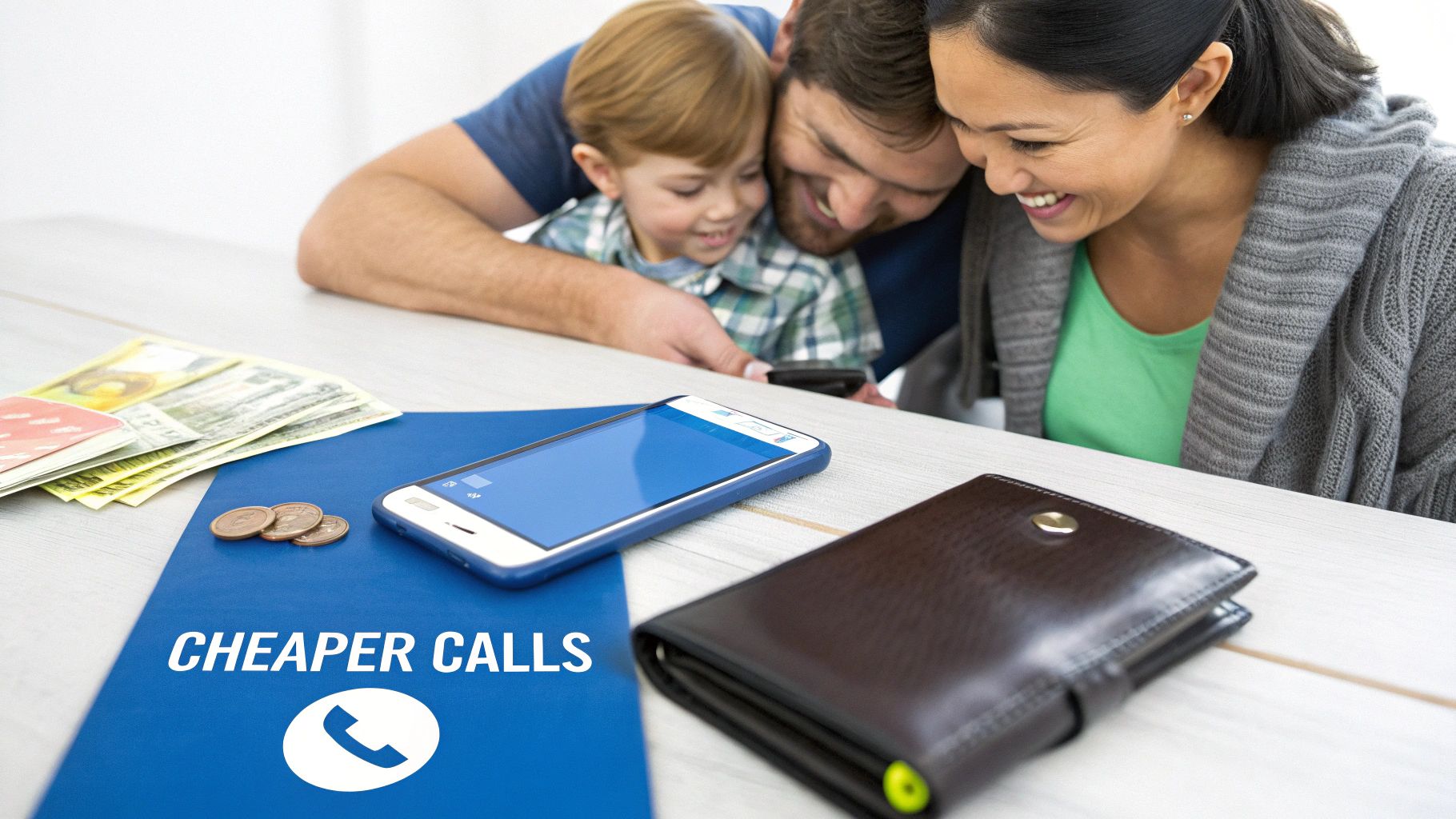 Une famille heureuse autour d'un smartphone, avec de l'argent et un dossier « APPELS MOINS CHERS » sur une table.