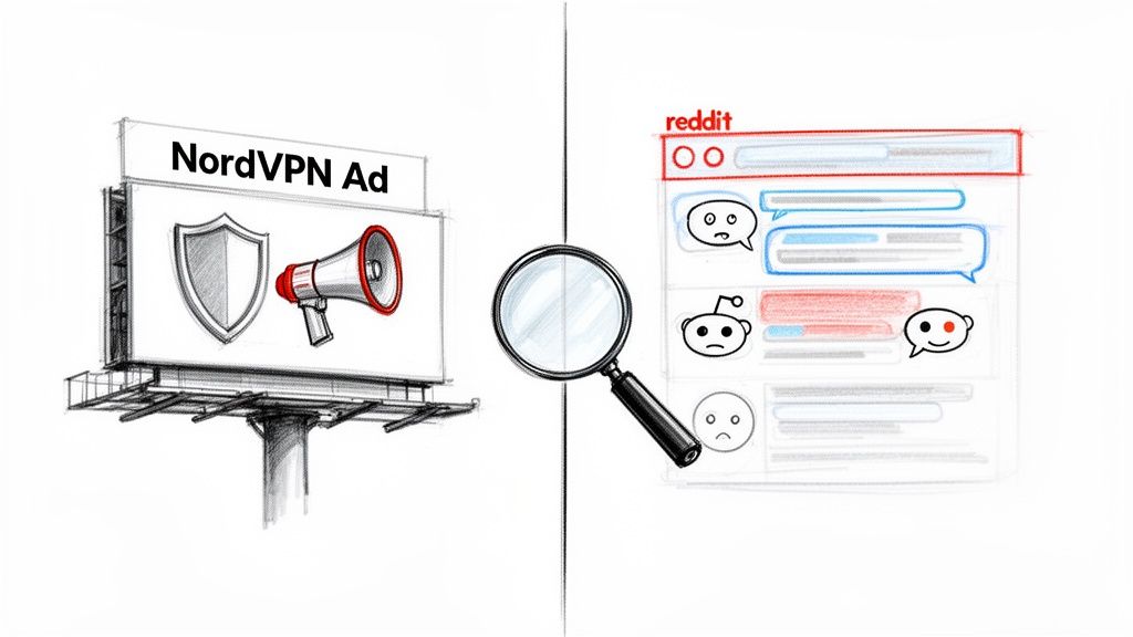 NordVPN ad on billboard with magnifying glass examining Reddit comments showing different user sentiments.