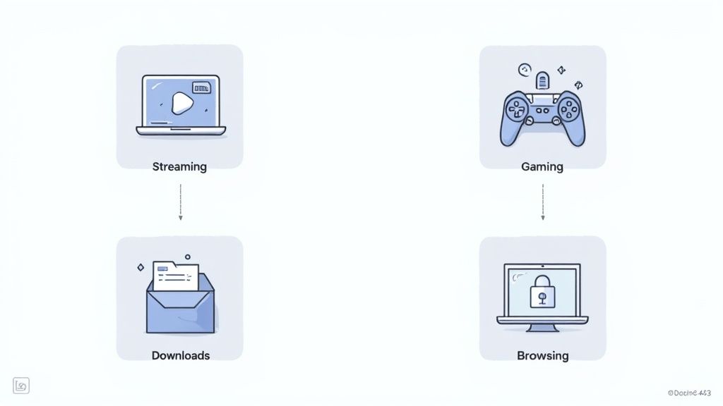 A diagram illustrating common internet activities like streaming, gaming, downloads, and secure browsing.