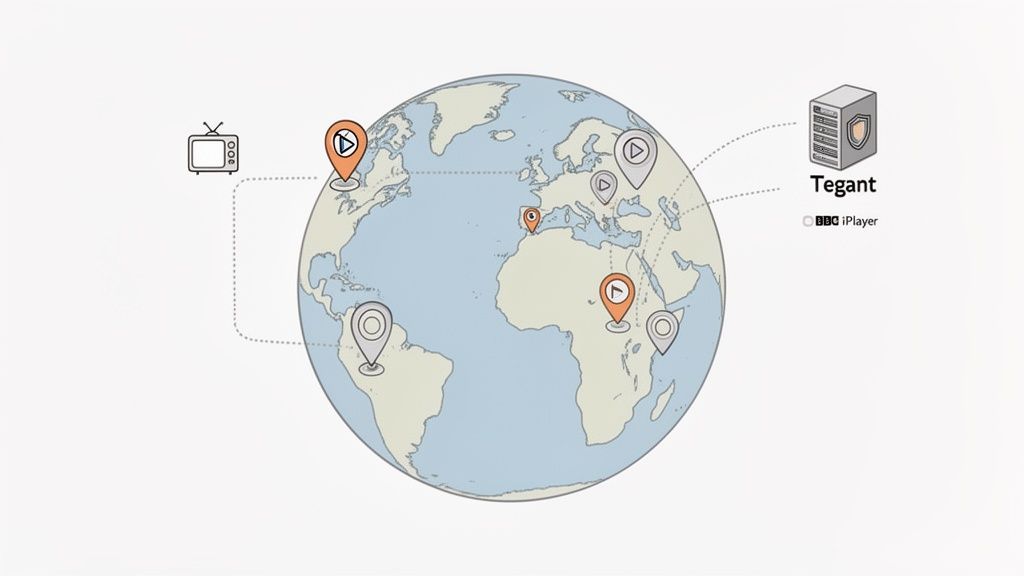 A global map illustrating a network with a TV, Tegant server, and various worldwide streaming locations.