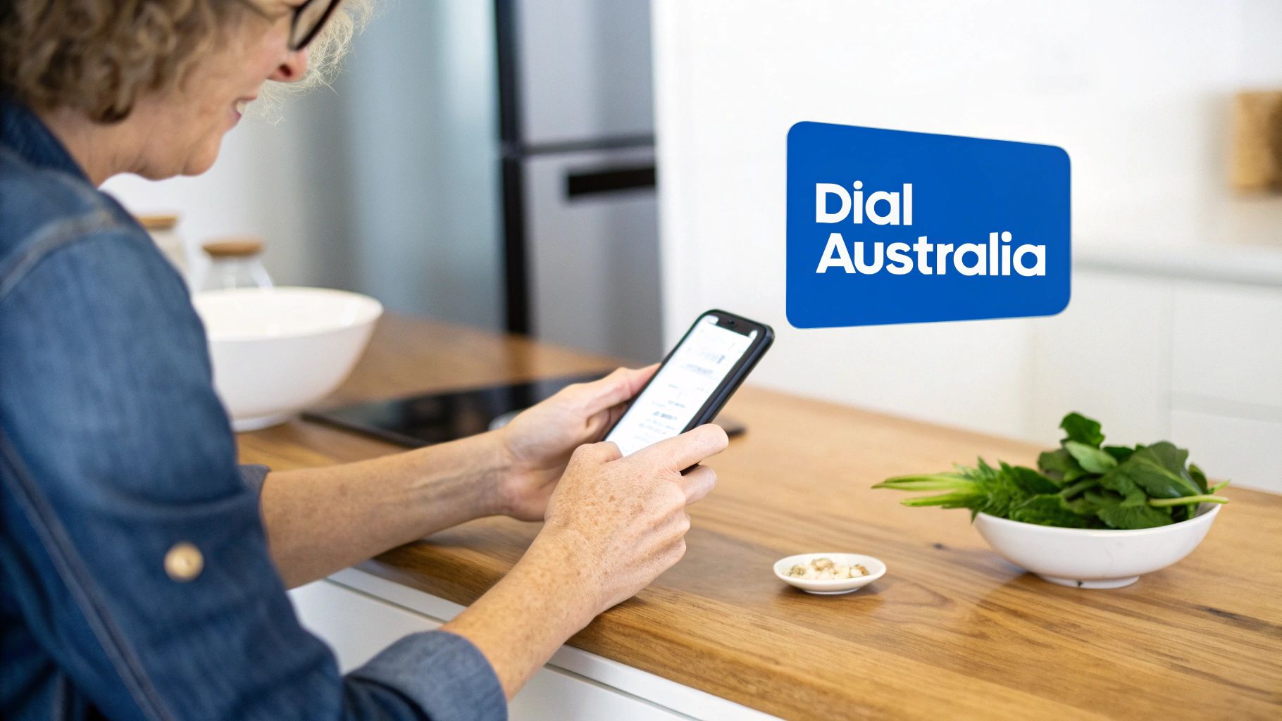キッチンのカウンターでスマートフォンを操作する人。『Dial Australia』のロゴが見える。