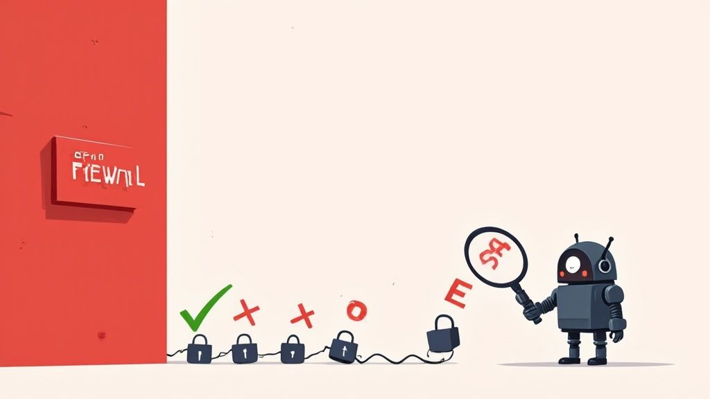 روبوت بمكبر للبحث يفحص أقفال ورموز الأمان أمام جدار حماية.