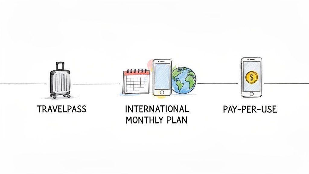 Visual representation of three international travel options: Travelpass, International Monthly Plan, and Pay-Per-Use.