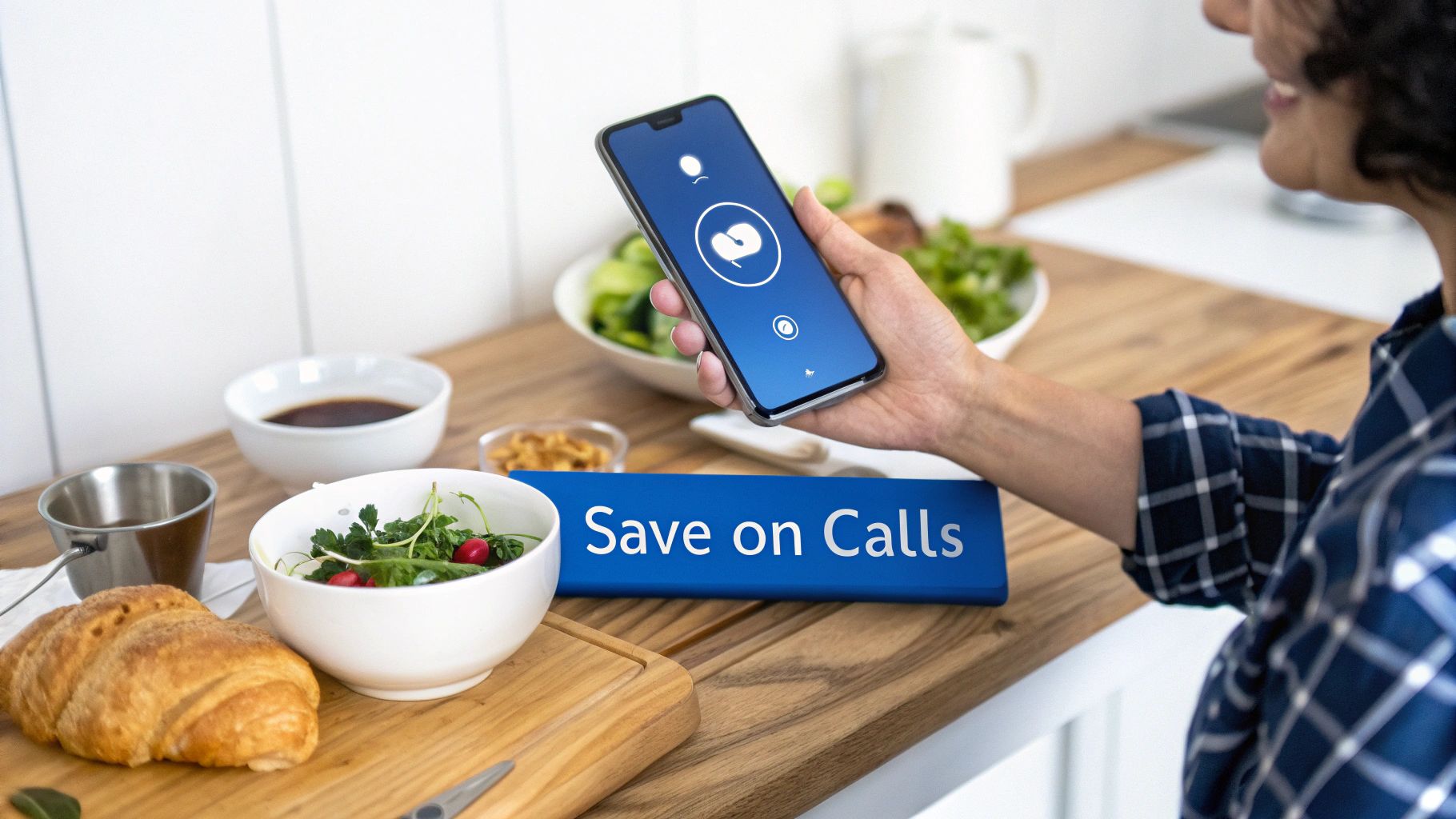 Frau lächelt beim internationalen Telefonieren mit dem Smartphone in einem hellen, modernen Wohnzimmer.