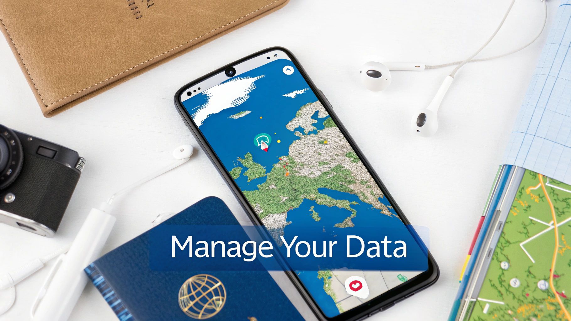 ヨーロッパ地図を表示したスマートフォンとパスポートなどの旅行必需品のフラットレイ。'Manage Your Data'というテキストが見える。