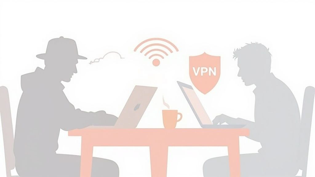 Illustration showing two individuals using laptops, one protected by a VPN shield amidst Wi-Fi activity.