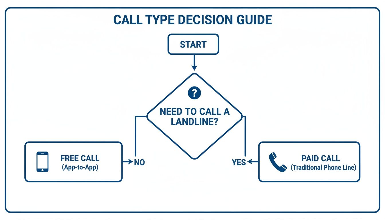 Flussdiagramm zur Entscheidung: App‑zu‑App kostenlos oder kostenpflichtiger Festnetz‑Anruf.