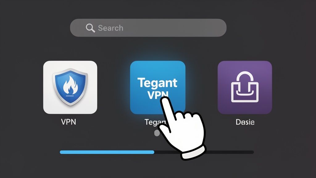 A hand cursor selects the 'Tegant VPN' app icon on a smart TV interface, showing a search bar and other apps.