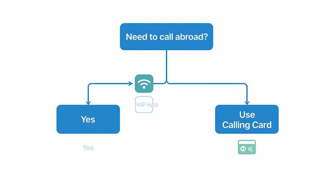 Flussdiagramm mit Entscheidungsbaum für internationale Anrufe via VoIP-App oder Telefonkarte