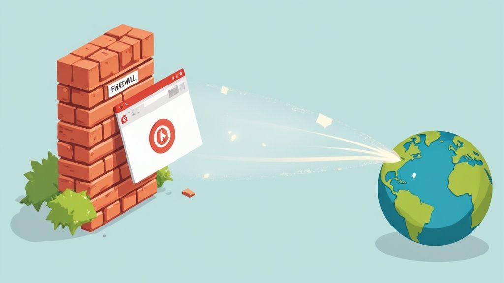 A web browser breaks through a brick firewall labeled 'FREEWALL', sending content to the globe.