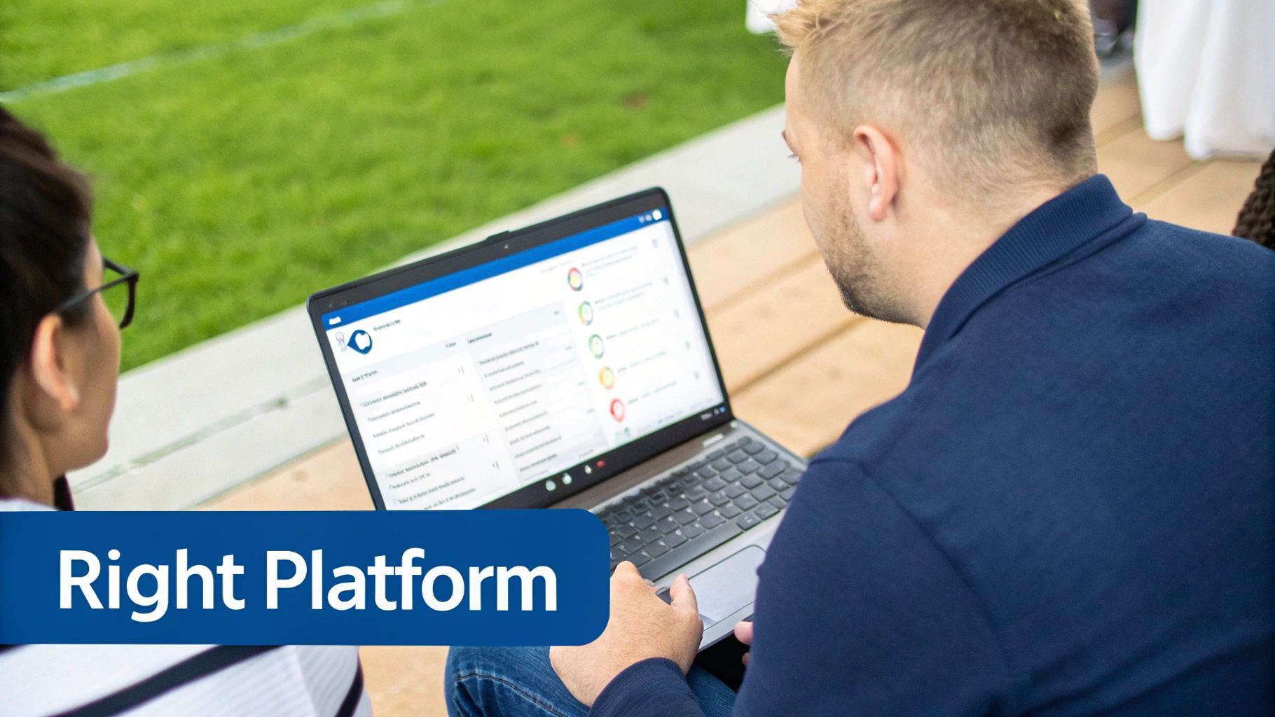 A person sitting at a desk with a laptop, looking thoughtful as they decide between different software options displayed as icons.