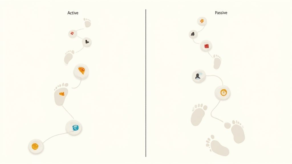 Two paths of footprints, labeled "Active" and "Passive," show distinct digital footprints with various icons illustrating online data creation.