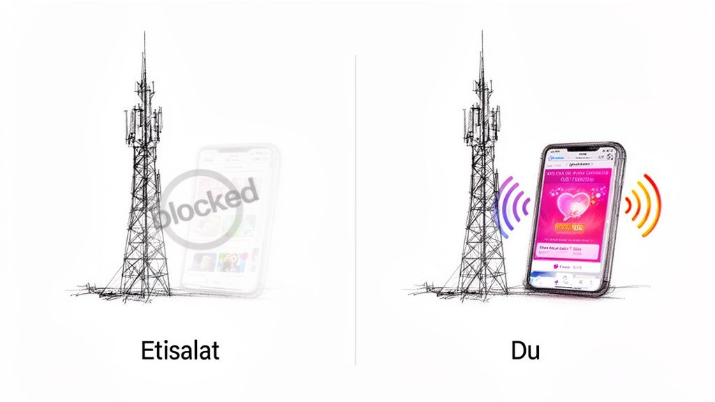 Comparison of mobile towers showing Etisalat blocking a dating app, while Du provides signal for Tinder-like app.