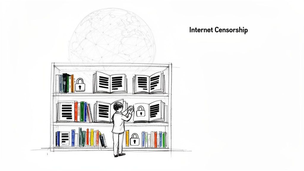 A drawing illustrating internet censorship with a person locking books on a shelf under a global network.