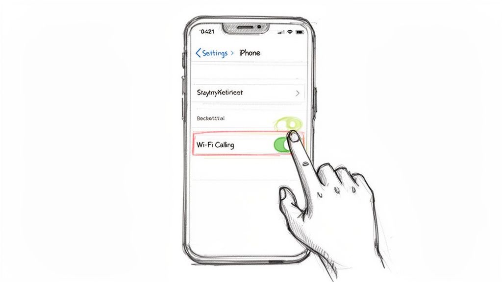 Eine Hand tippt auf den grünen WLAN-Anrufe-Schalter im Einstellungsbildschirm eines iPhones.