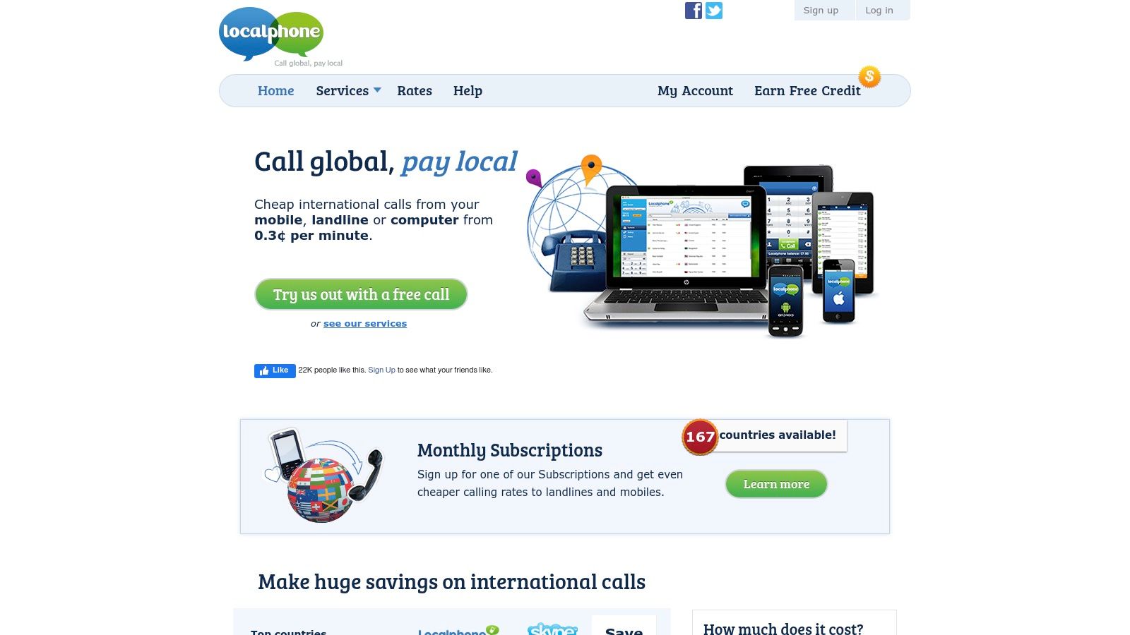 Localphoneの料金表示を示すウェブ画面