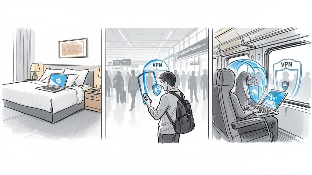Illustration of VPN protection for devices in home, airport, and train settings, emphasizing secure online activity.
