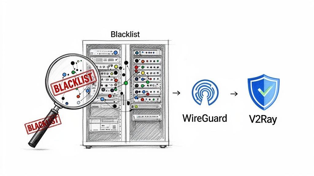 A diagram shows a blacklisted server rack being bypassed using WireGuard and V2Ray for secure network access.