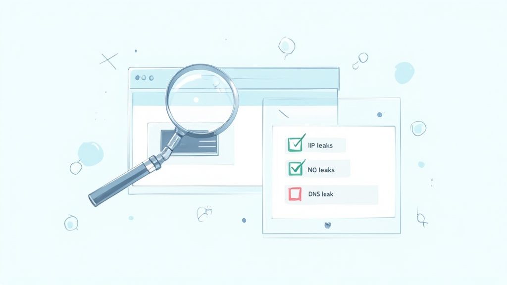 Magnifying glass over a map with location pins, symbolizing the process of checking and verifying an IP address.