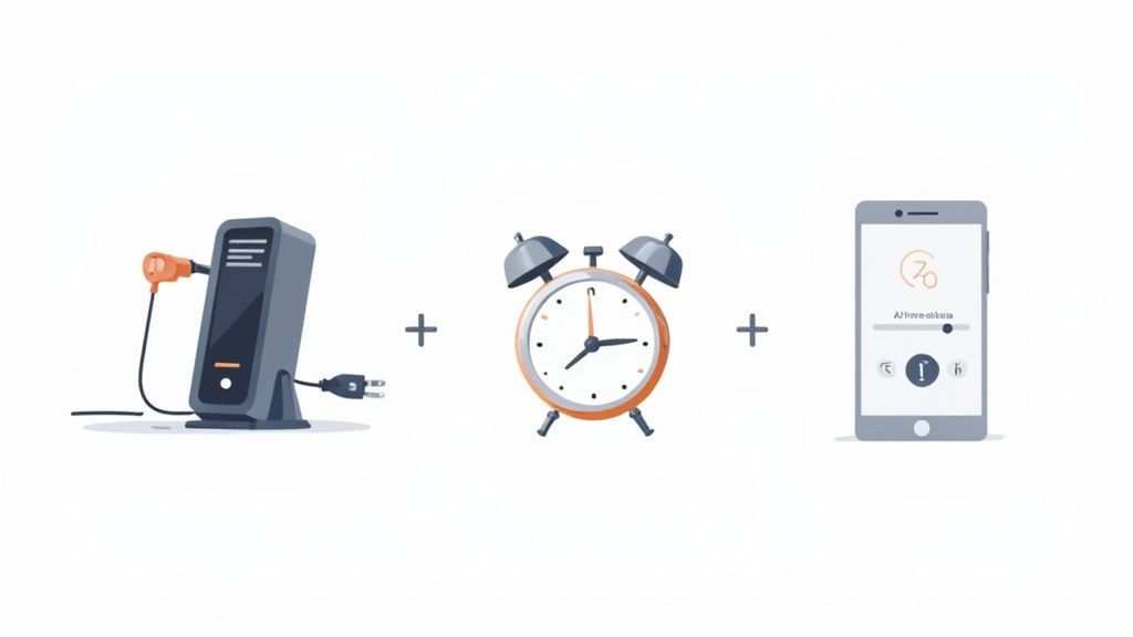 Illustration of a router, an alarm clock, and a smartphone app with plus signs.