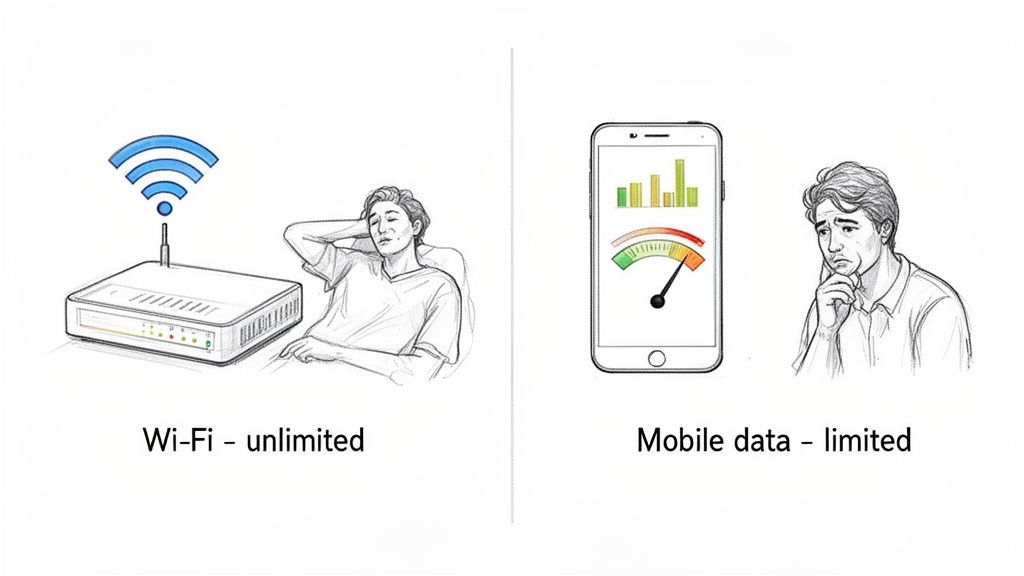 Illustration comparant un utilisateur détendu sur Wi‑Fi illimité et un utilisateur inquiet avec des données mobiles limitées.