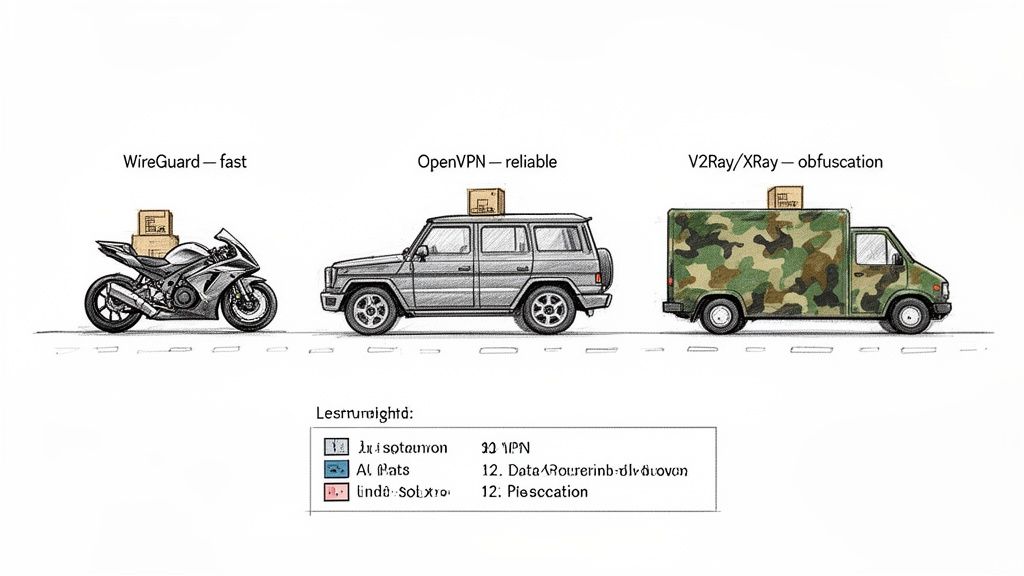 Illustration comparing WireGuard (fast motorcycle), OpenVPN (reliable SUV), and V2Ray/XRay (obfuscated truck) VPN protocols.