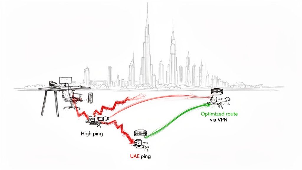 Diagram illustrating high ping for direct connection and optimized route via VPN for UAE gaming.