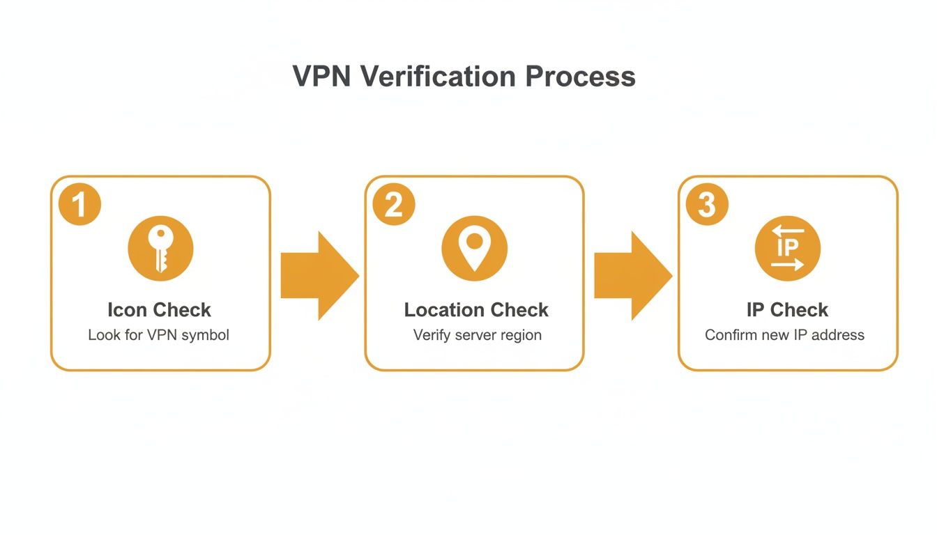 Diagram illustrating the VPN verification process in three steps: Icon Check, Location Check, and IP Check.