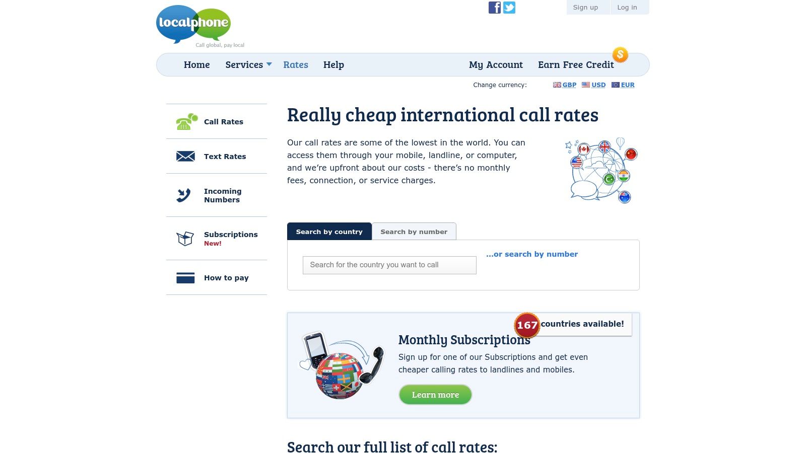 Localphone‑Oberfläche mit internationalen Tarifen