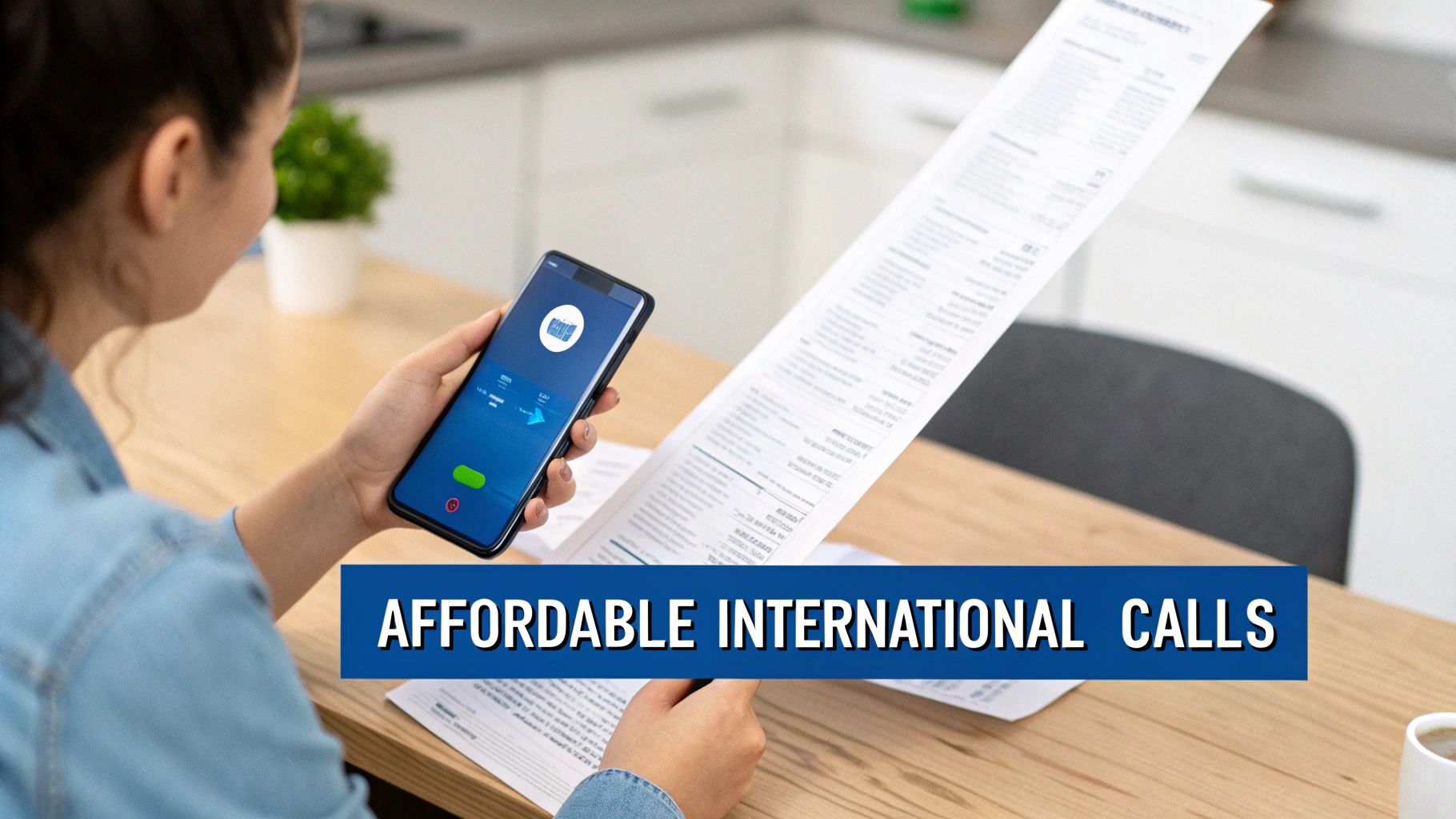 A person making an international call on their smartphone, with a world map in the background.