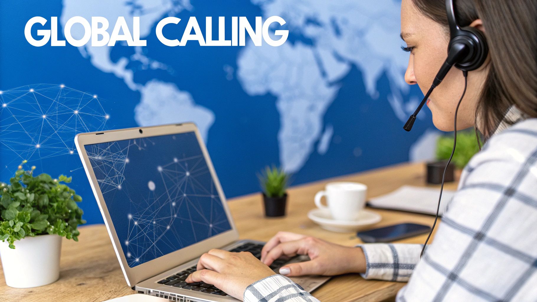 Woman wearing a headset, typing on a laptop, with a world map and "GLOBAL CALLING" in background.