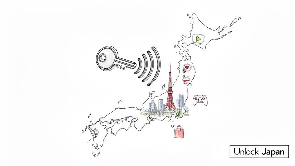 Illustrated map of Japan with a key unlocking icons for video, food, gaming, and shopping.