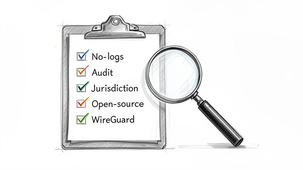 A magnifying glass inspecting a clipboard checklist of VPN features like no-logs, audit, and WireGuard.