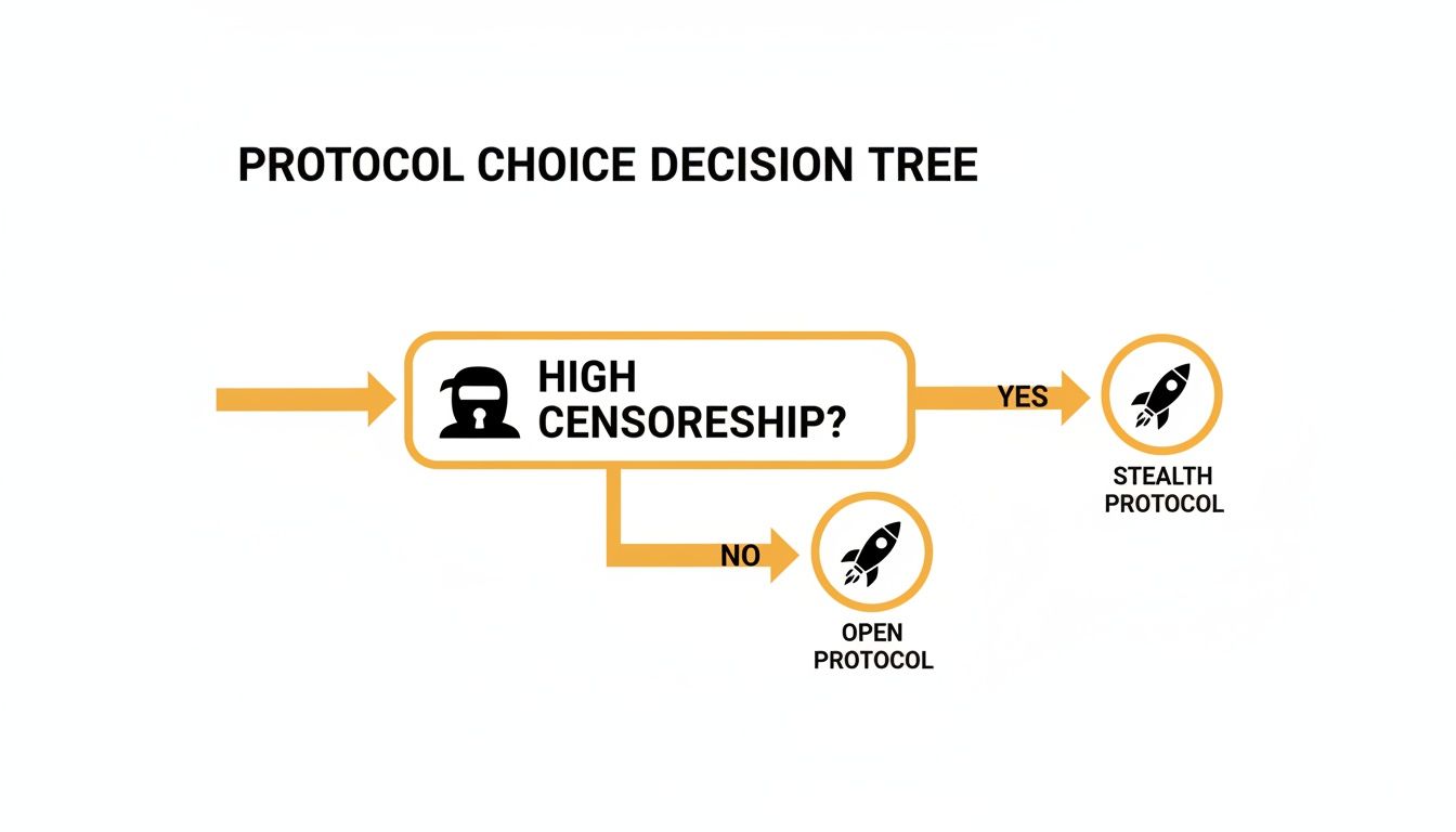 A decision tree diagram showing the choice between Stealth and Open protocols based on censorship levels.