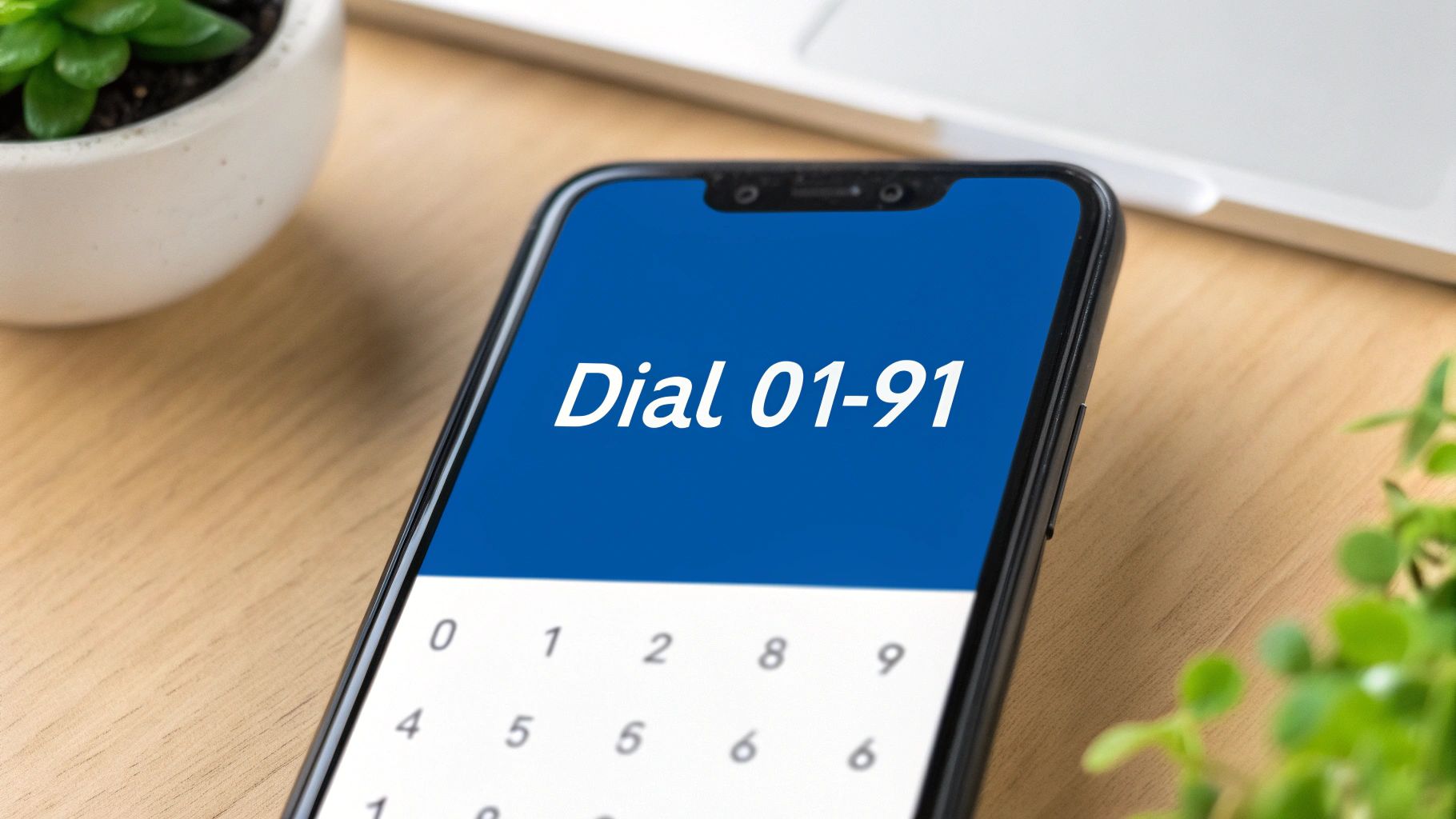 A smartphone on a wooden desk displays 'Dial 01-91' on its blue screen, with a numeric keypad visible.