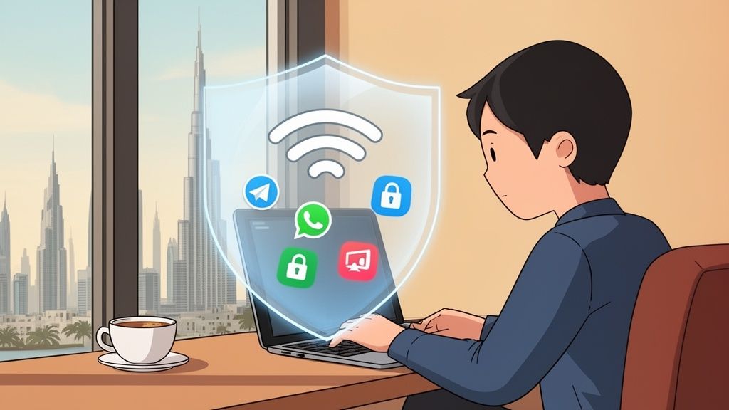 Person using a laptop with a secure VPN shield protecting apps, overlooking a Dubai skyline.