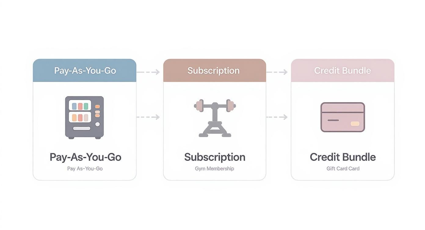 Infografik, die die drei Haupt-Preisstrukturen für Anruf-Apps zeigt: Bezahlung nach Verbrauch, Abonnements und Kreditpakete.