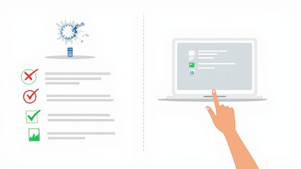 Illustration of a broken system and checklist errors, contrasted with a hand interacting with a laptop.