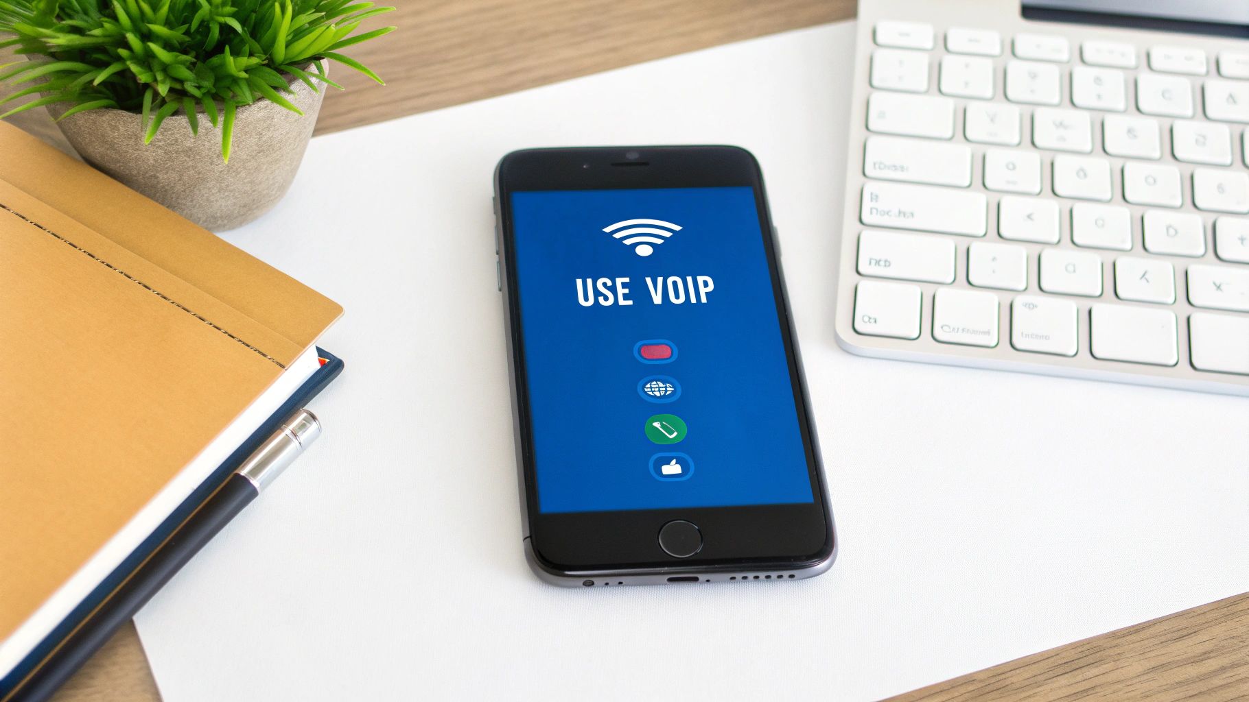 青い画面に「USE VOIP」とWiFiアイコンが表示されたスマートフォンが、ノートやキーボードと一緒に机の上に置かれている写真。