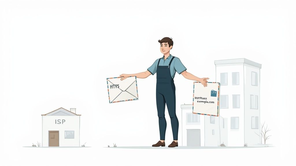 Une personne assise à un bureau avec un ordinateur portable, regardant un écran affichant du code, avec un grand œil stylisé en arrière-plan, symbolisant la surveillance.