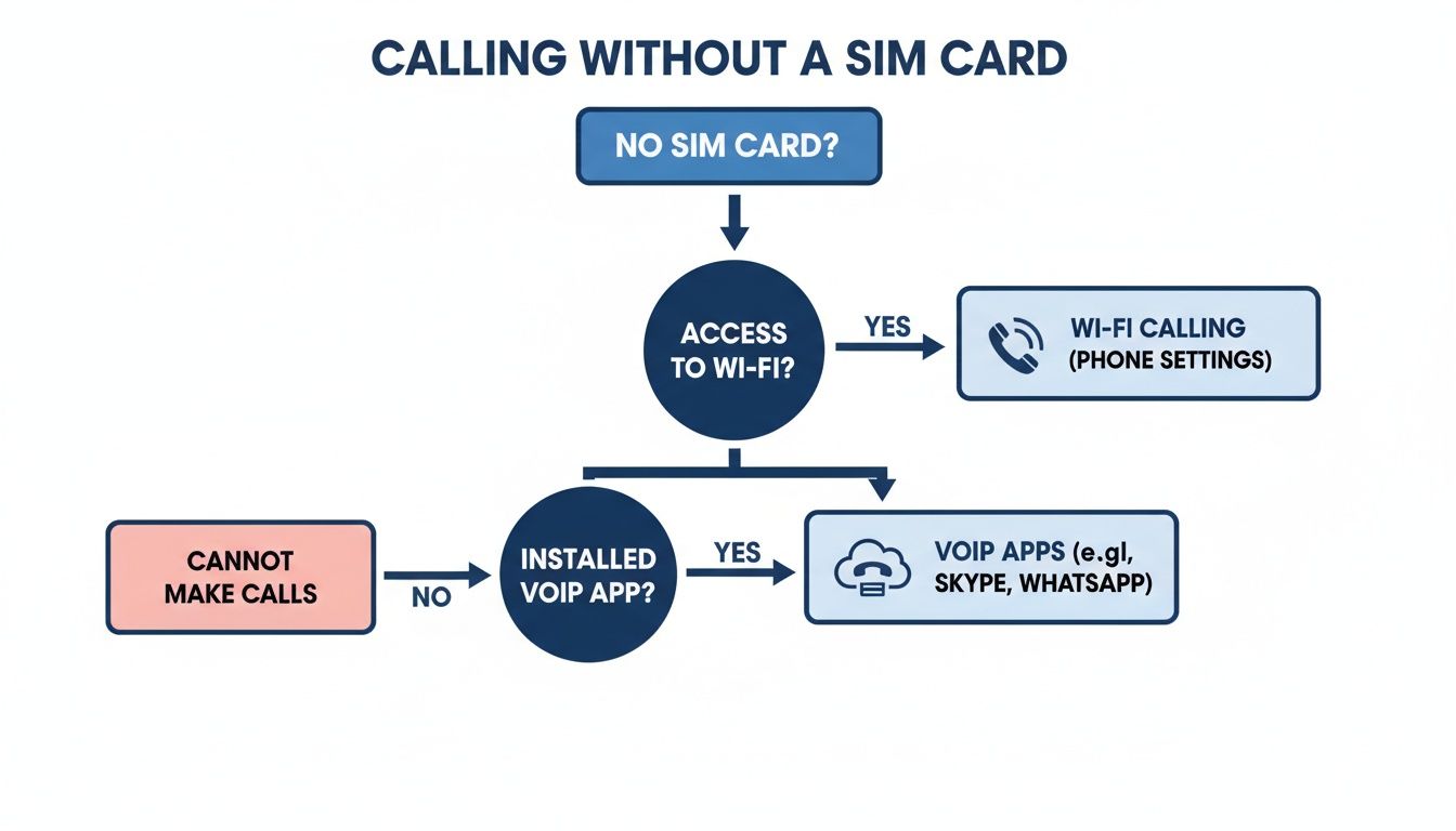 Wi‑FiまたはVoIPアプリを使ってSIMなしで通話する方法を説明するフローチャート
