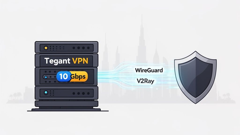 Tegant VPN server with 10 Gbps speed, featuring WireGuard and V2Ray protocols for secure internet.