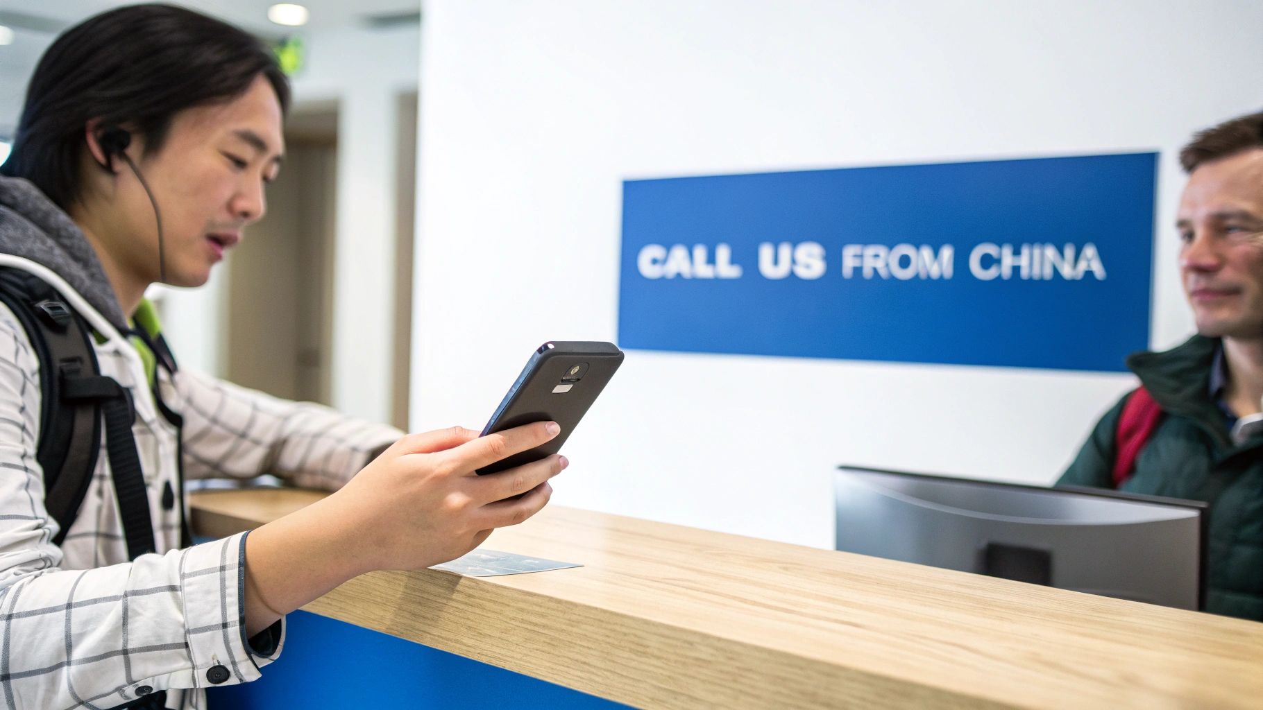 スマートフォンを手にし、国際通話をしている人。背景に世界地図があります。