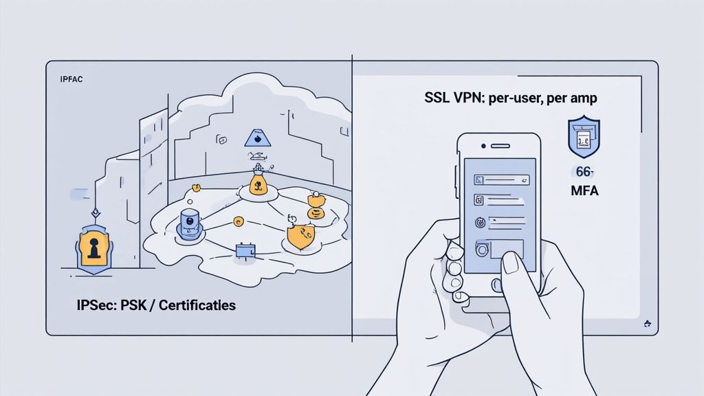 Métaphore visuelle des modèles de sécurité VPN avec serrures et clés.